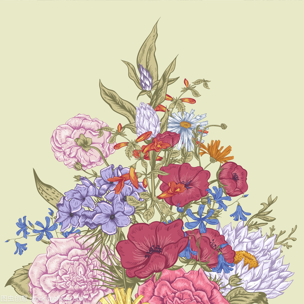 温柔的复古夏季花卉贺卡,复古花束矢量图